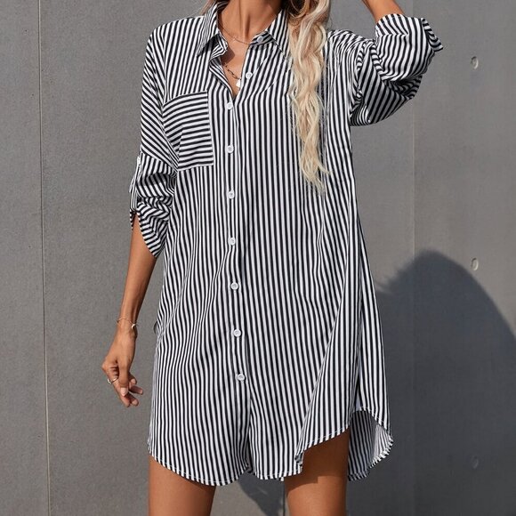 Black and White Casual Women's Striped Roll Up Sleeve Shirt Dress - Picture 4 of 6